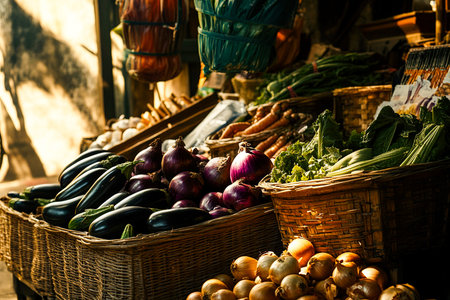 Bustling Market Stall Overflowing with Fresh Vegetables in Warm Sunlight