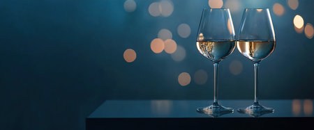 Two Champagne Flutes Toasting with Festive Lights and Copy Space for Celebration Bannersの写真素材
