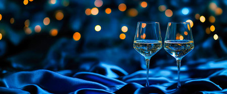 Two Champagne Flutes Toasting with Festive Lights and Copy Space for Celebration Banners
