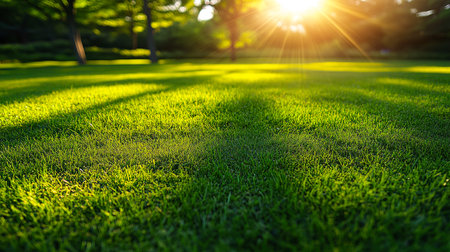 Sunlit Green Grass Field with Glowing Bokeh in a Serene Park Landscapeの写真素材