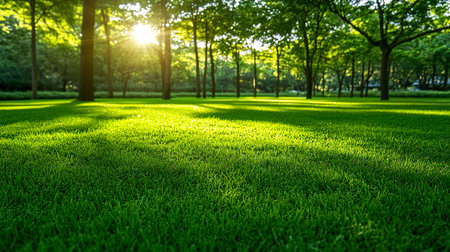Sunlit Green Grass Field with Glowing Bokeh in a Serene Park Landscapeの写真素材