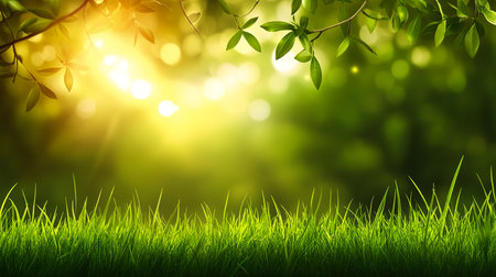 Sunlit Green Grass Field with Glowing Bokeh in a Serene Park Landscapeの写真素材