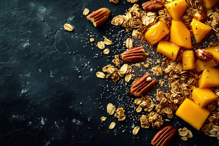 Vibrant Granola Spread with Mango, Pecans, and Honey on a Dark Slate Backgroundの写真素材
