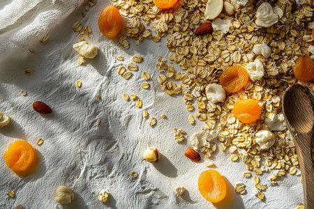 Rustic Granola Spread with Hazelnuts and Apricots on White Marble Tableの写真素材