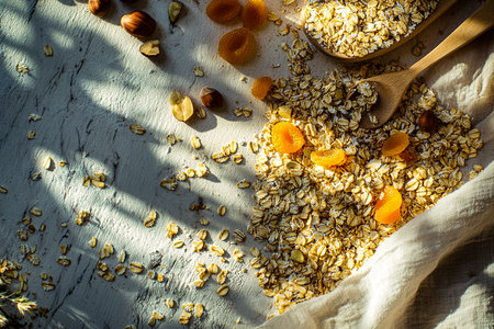 Rustic Granola Spread with Hazelnuts and Apricots on White Marble Tableの写真素材