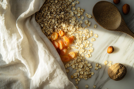 Rustic Granola Spread with Hazelnuts and Apricots on White Marble Tableの写真素材