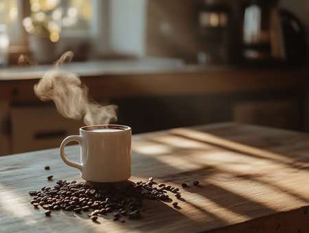 Steaming Black Coffee in a White Mug with Roasted Beans on a Rustic Tableの写真素材