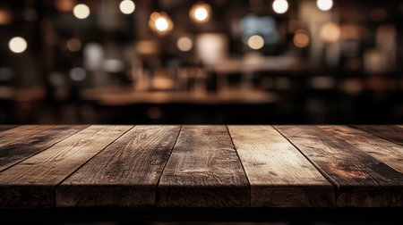 Closeup of Rustic Wooden Table with Blurred Kitchen Background for Product Mockupの写真素材