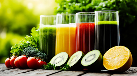 Fresh Fruit and Vegetable Smoothies on Wooden Table with Vibrant Backgroundの写真素材
