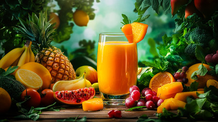 Fresh Fruit and Vegetable Smoothies on Wooden Table with Vibrant Backgroundの写真素材