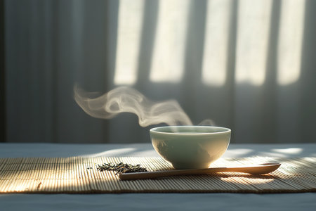 Warm and Serene Green Tea Moment with Soft Shadows and Elegant Simplicityの写真素材