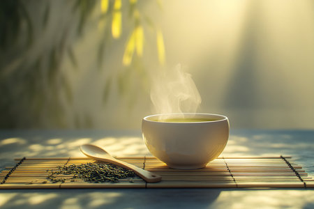 Warm and Serene Green Tea Moment with Soft Shadows and Elegant Simplicityの写真素材