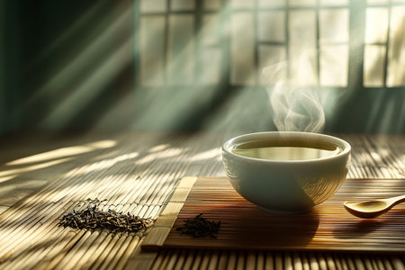 Warm and Serene Green Tea Moment with Soft Shadows and Elegant Simplicityの写真素材
