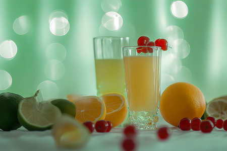 Fresh Fruit and Vegetable Smoothies on Wooden Table with Vibrant Backgroundの写真素材