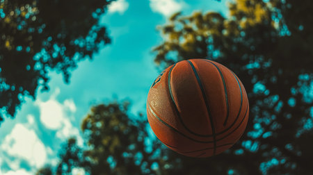 Basketball ball in mid-air. Close-up view.