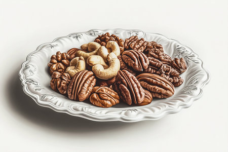 Natural Nut Assortment Artfully Arranged on a Ceramic Plate in a Serene