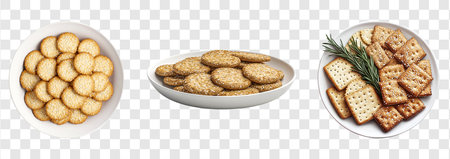 Three Different Shapes Elegant Display of Crackers Highlighting Textures on a Seamless Transparent Backgroundの写真素材