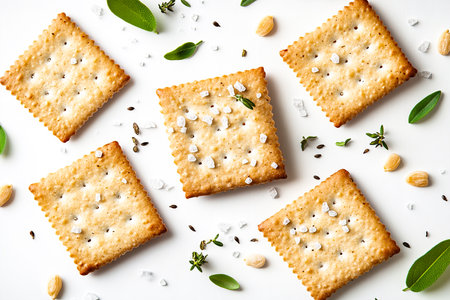 Minimalist Cracker Design with Textured Salt, Herbs, and Seeds on White Backgroundの写真素材
