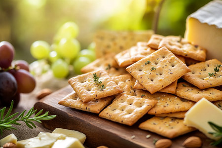 Rustic Wooden Board Display of Assorted Crackers, Cheese, and Grapes in Natural Sunlightの写真素材