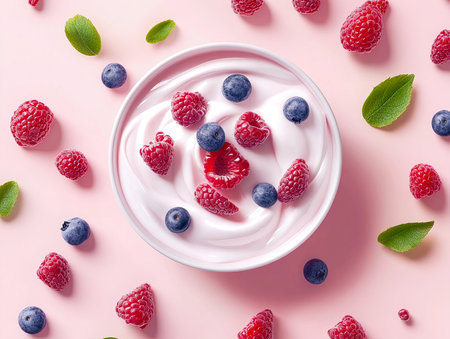 Fresh Berry-Topped Yogurt Isolated on a Clean White Canvasの写真素材