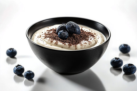 Elegant Black Bowl of Yogurt with Cocoa Dusting and Blueberry on a Pristine White Backgroundの写真素材