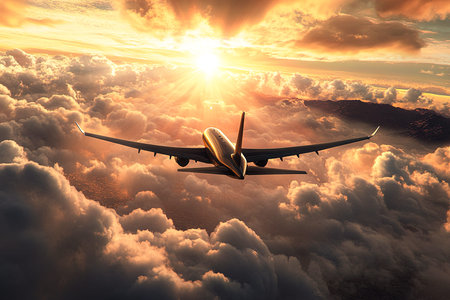 Aerial View of a Sleek White Private Jet Soaring Gracefully Against a Stunning Sunset Sky