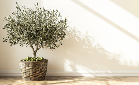 3D Render of a Modern Living Room with Olive Tree in Wicker Basket Against a White Wall Mockupの写真素材