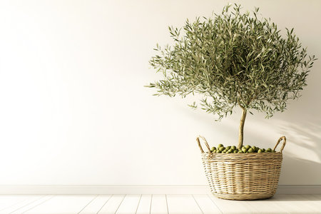 3D Render of a Modern Living Room with Olive Tree in Wicker Basket Against a White Wall Mockupの写真素材