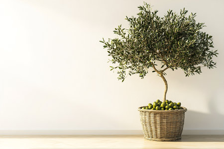3D Render of a Modern Living Room with Olive Tree in Wicker Basket Against a White Wall Mockupの写真素材