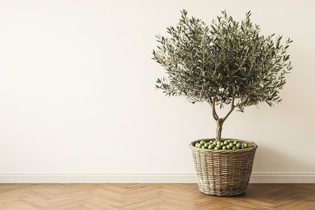 3D Render of a Modern Living Room with Olive Tree in Wicker Basket Against a White Wall Mockupの写真素材