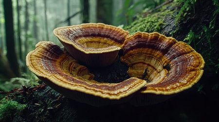 Ganoderma Lucidum The Reishi Mushroom Growing Wild Among Forest Trees