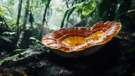 Ganoderma Lucidum The Reishi Mushroom Growing Wild Among Forest Treesの写真素材