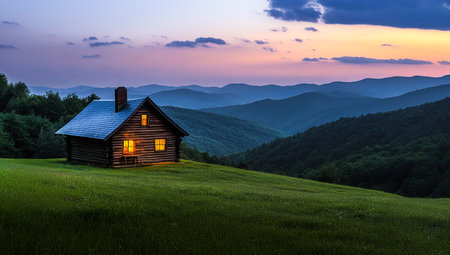A Cozy House with a Lit Window Overlooking a Serene Valley at Duskの写真素材