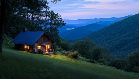 A Cozy House with a Lit Window Overlooking a Serene Valley at Duskの写真素材