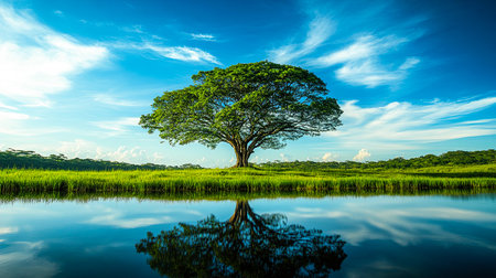 Majestic Tree Perfectly Reflected in a Tranquil Pond Beneath a Clear Blue Sky