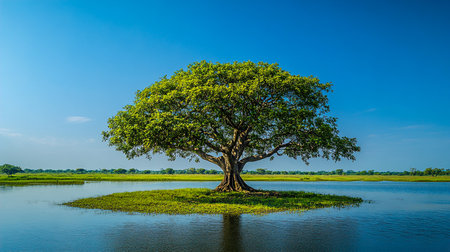 Majestic Tree Perfectly Reflected in a Tranquil Pond Beneath a Clear Blue Skyの写真素材