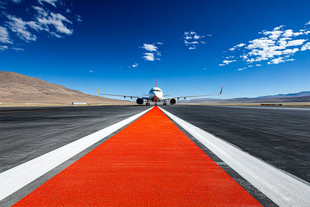 Majestic Airplane with Vibrant Red Carpet on Airport Taxiway Under Morning Sunの写真素材