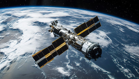 Satellite in Orbit Against Black Space, Capturing Earthâ€™s Atmosphere and Clouds