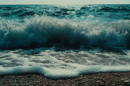 Waves Crashing on an Exotic Beach with Splashes of White Foam Against a Blue Seaの写真素材