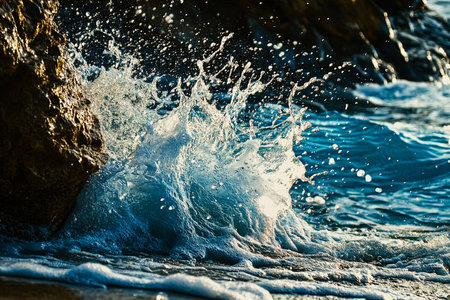 Waves Crashing on an Exotic Beach with Splashes of White Foam Against a Blue Seaの写真素材