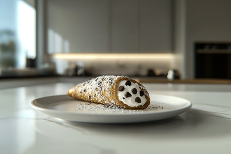 Elegant Cannoli Close-Up with Ricotta Cream and Chocolate Chips on a Porcelain Plateの写真素材