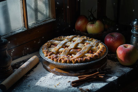 Golden-Brown Apple Pie with Rustic Accents and Soft Light on a Vintage Counterの写真素材