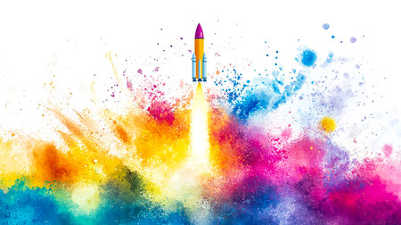 Colorful Rocket Launch with Vibrant Paint Splashes in Vector Illustration Style for Business and Social Media Templatesの写真素材