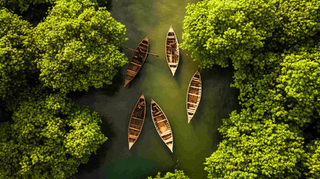 Aerial View of Boats on River Gessler in India Amidst Mangrove Forests at Sunsetの写真素材