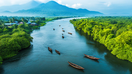 Aerial View of Boats on River in India Amidst Mangrove Forests at Sunsetの写真素材