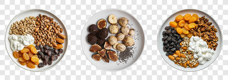 Balanced Mix of Nuts and Dried Fruits on a White Plate, Clean Transparent Background Designの写真素材