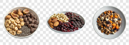 Balanced Mix of Nuts and Dried Fruits on a White Plate, Clean Transparent Background Designの写真素材