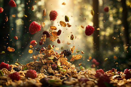 Mid-Air Trail Mix Explosion with Dried Berries, Pistachios, and Granola Against Forest Backdropの写真素材