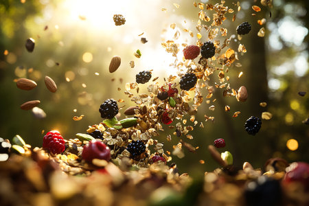 Mid-Air Trail Mix Explosion with Dried Berries, Pistachios, and Granola Against Forest Backdropの写真素材