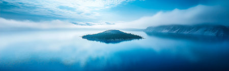 Panoramic View of Crater Lake with a Serene Island Amidst Deep Blue Watersの写真素材